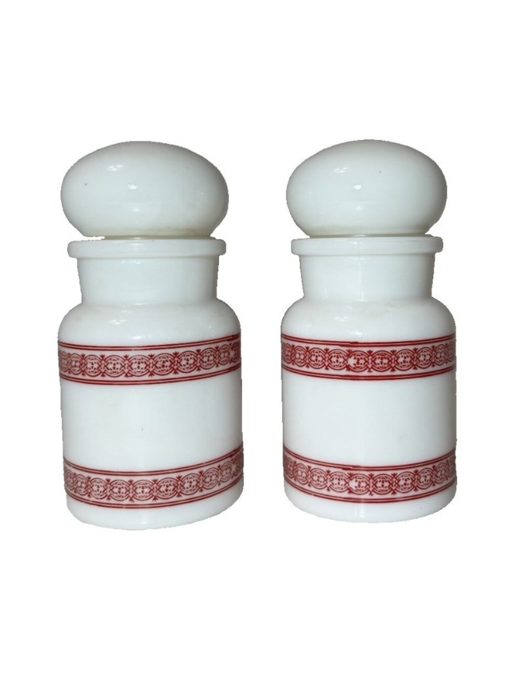 VTG Belgian Milk Glass Apothecary Jars w/ Lids Red Band Pattern Set of 2